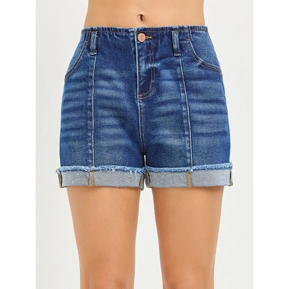 RISEN Los Angeles Front Seam Jean Shorts High-Rise Rolled Hem